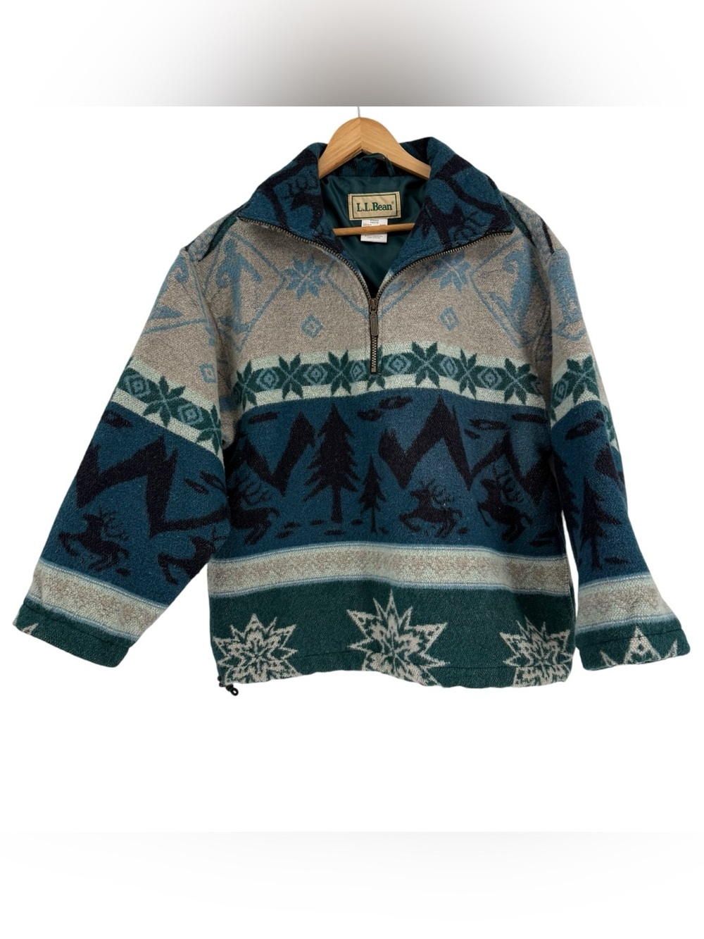 Vintage LL BEAN Wool Winter 1/4 Zip Pullover Coat Skiing Snowflake Deer Boxy M